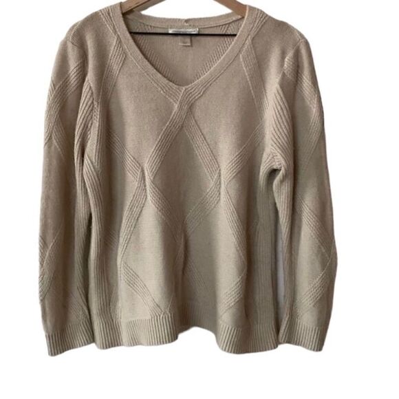 Vintage Sweater coastal oatmeal knit argyle women's large cable knit fall v neck - Picture 2 of 6
